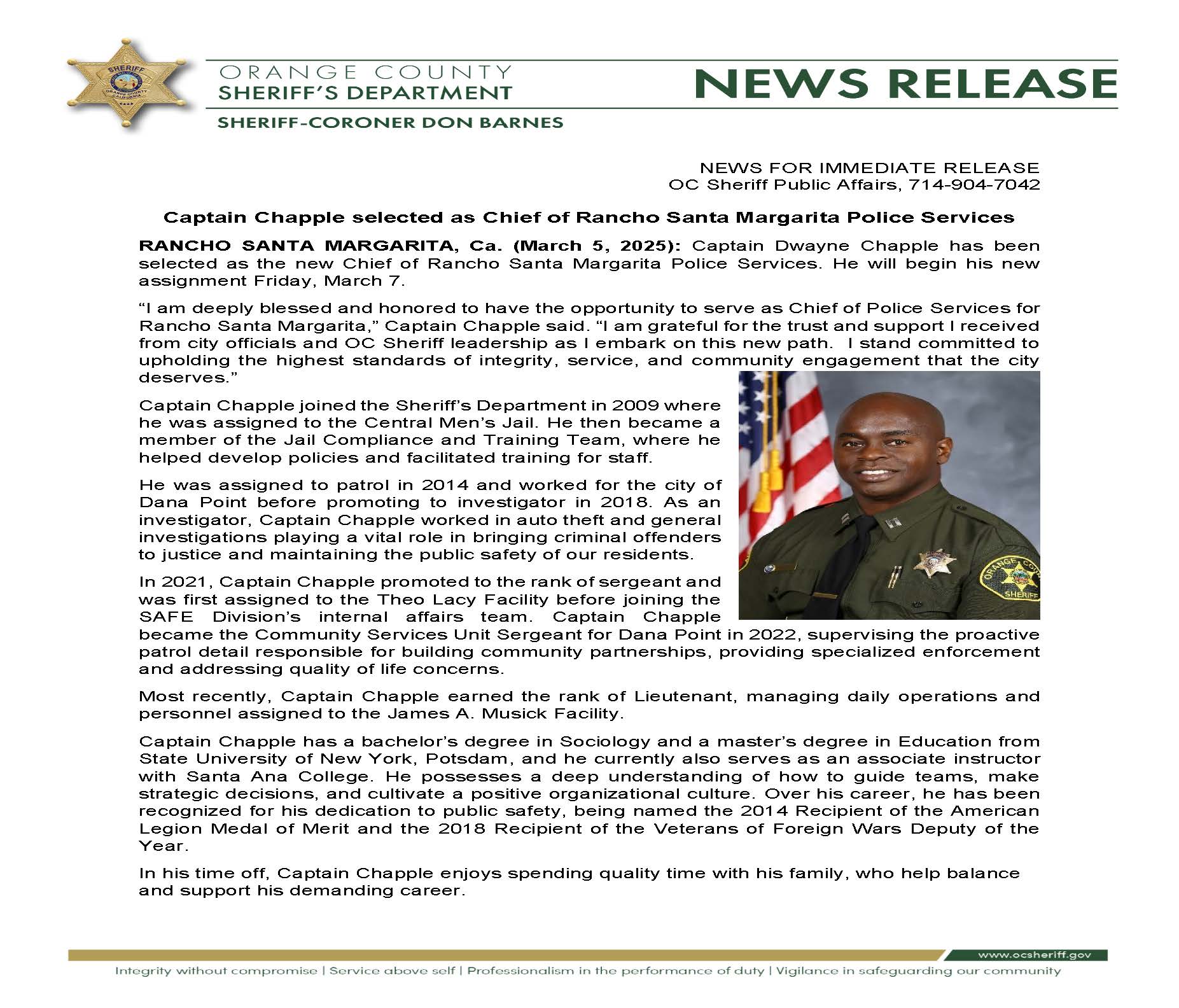 25-03-05 Captain Chapple selected as Chief of Rancho Santa Margarita Police Services 