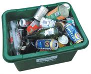 Bottles and cans inside of a green recycling bin