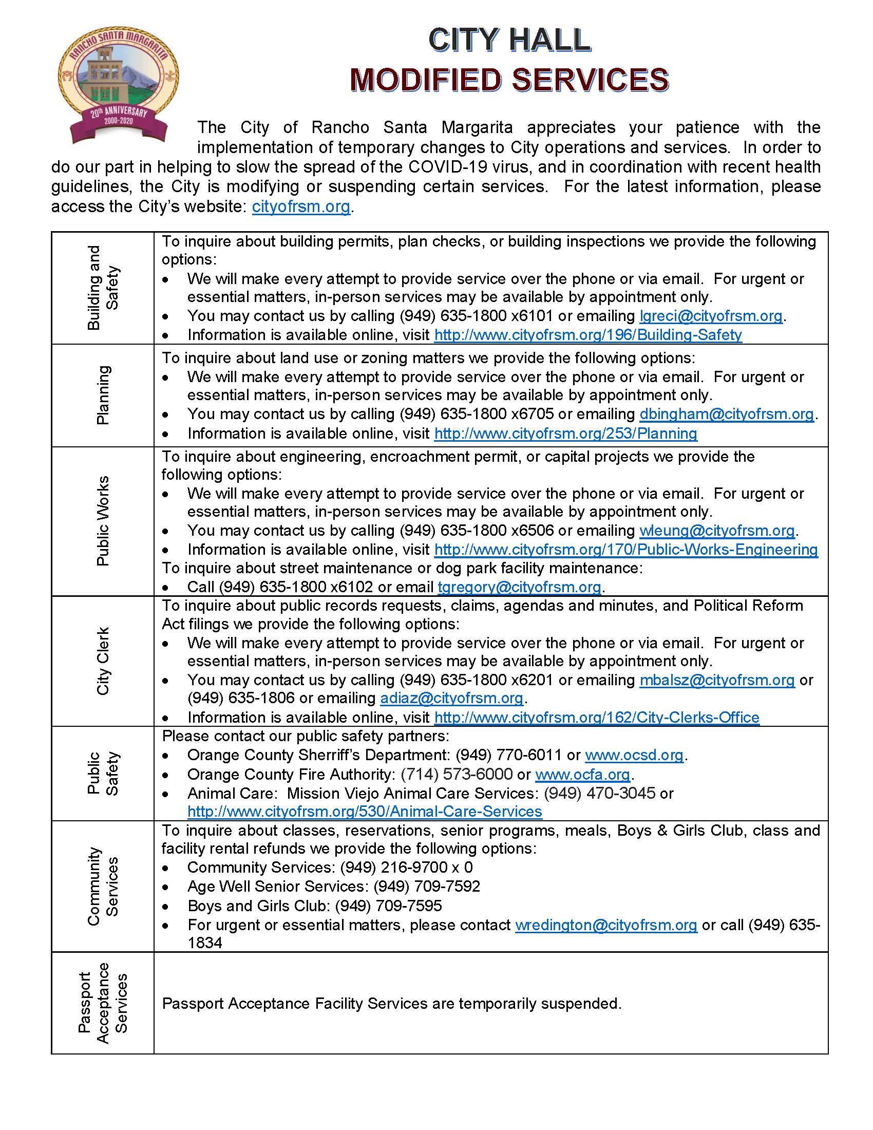 CITY HALL Modified Services - March 18, 2020