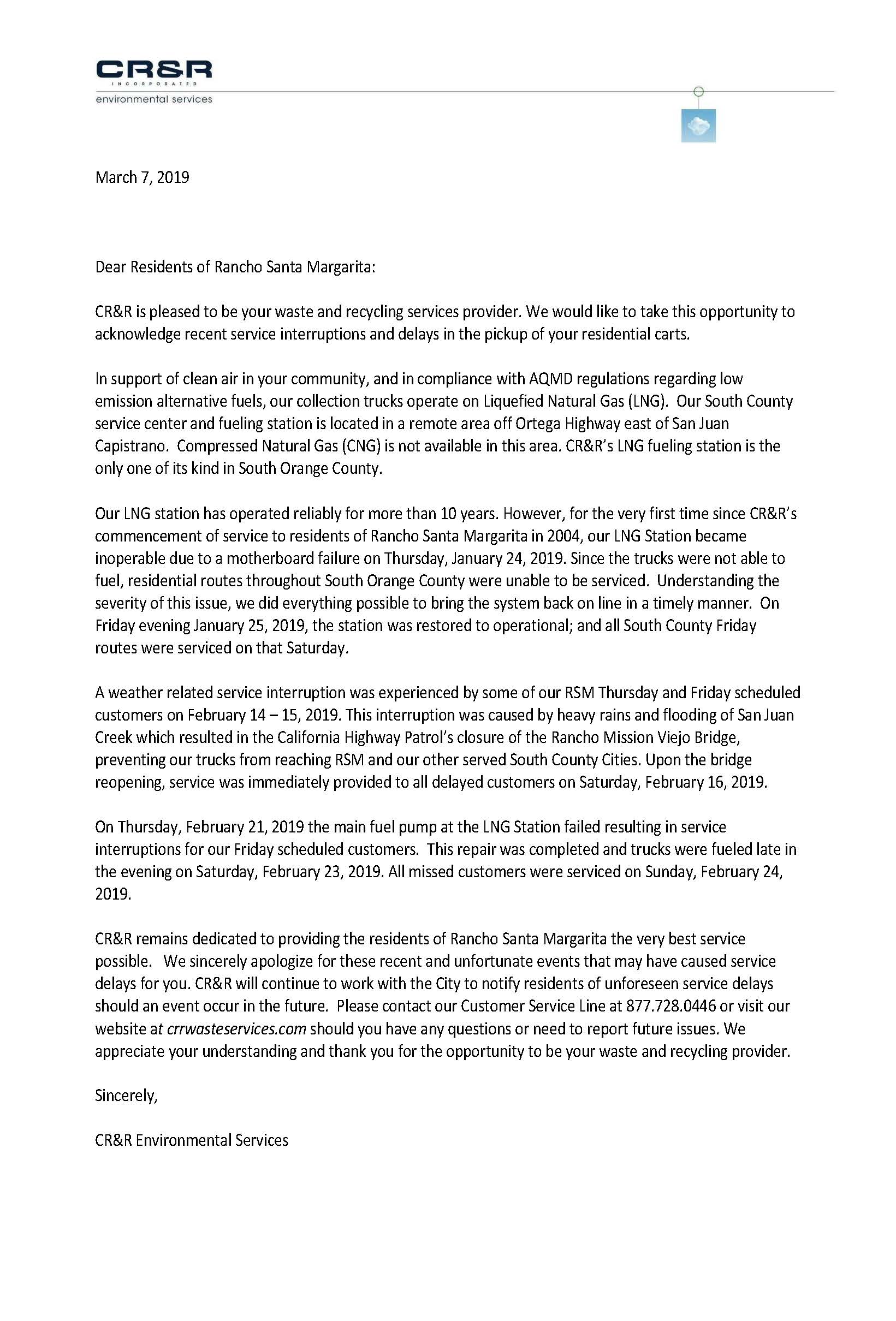 Rancho Santa Margarita Service Letter from CR&R