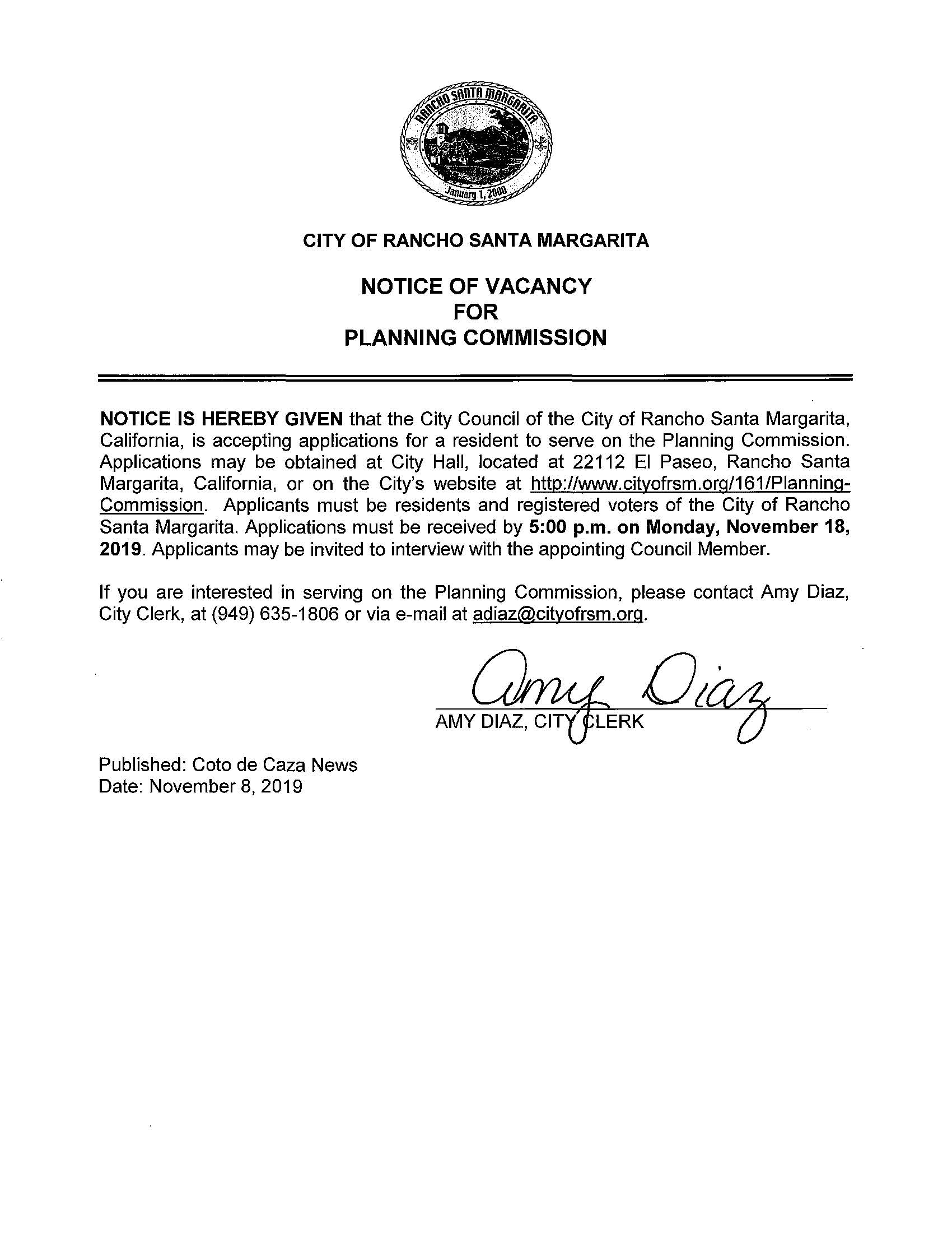 11-08-19 Notice of Vacancy for the Planning Commission
